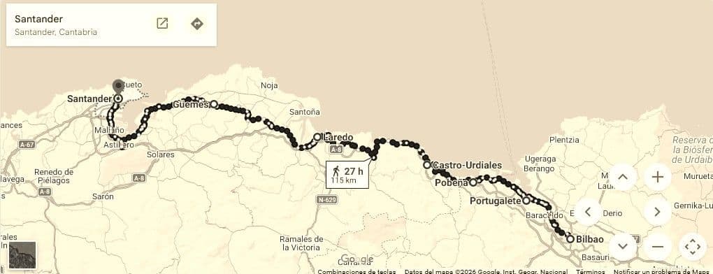 Map of the Camino del Norte route from Bilbao to Santander